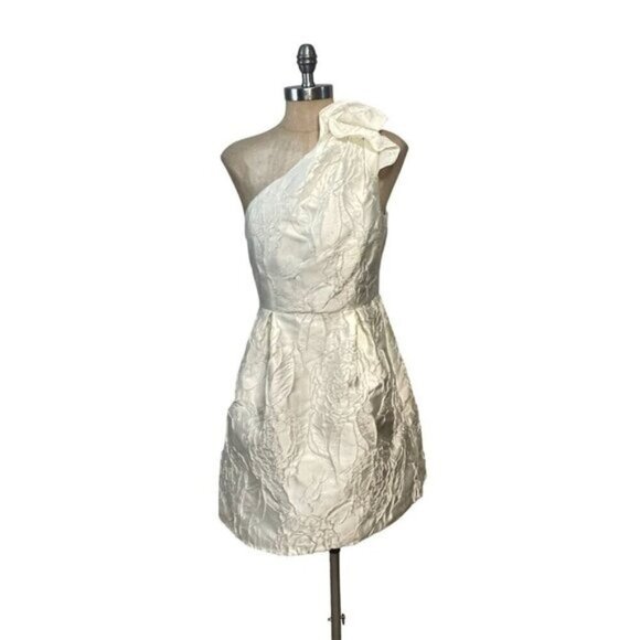 Halston Heritage One-Shoulder Floral Jacquard Textured Dress Chalk NWT 4 - Picture 3 of 7